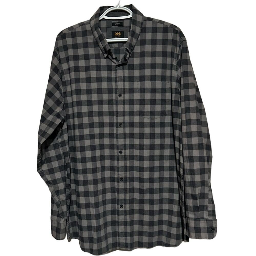 Lee Men's Regular Fit Stretch Gray Plaid Long Sleeve Button Front Shirt Size XL